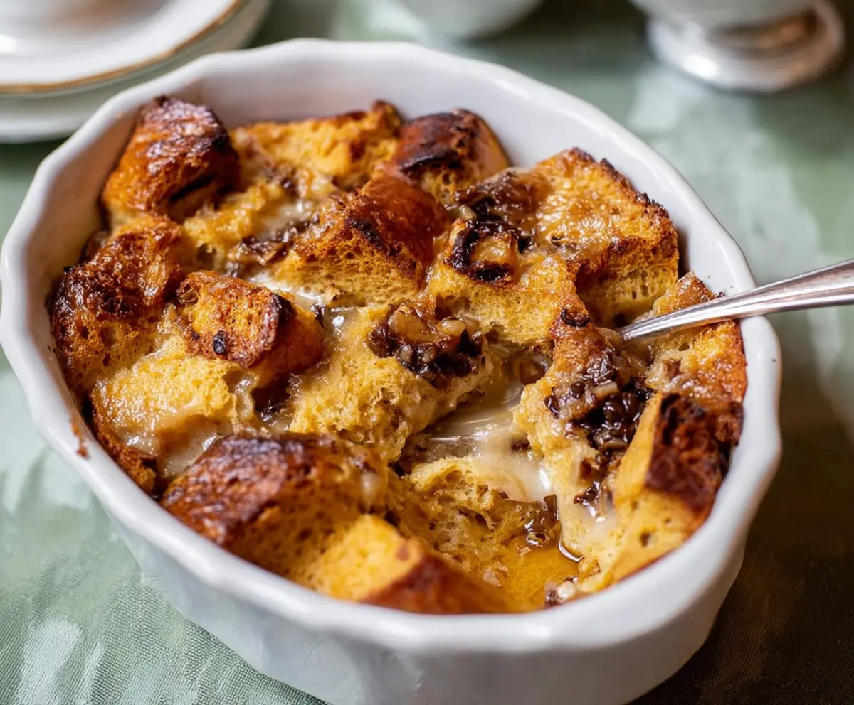Delicious homemade sourdough bread pudding served in a rustic bowl with caramel sauce