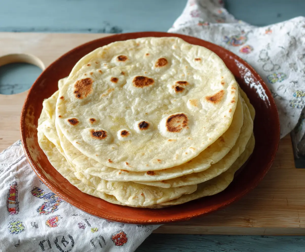 Delicious homemade sourdough butter tortillas on a rustic wooden table.
