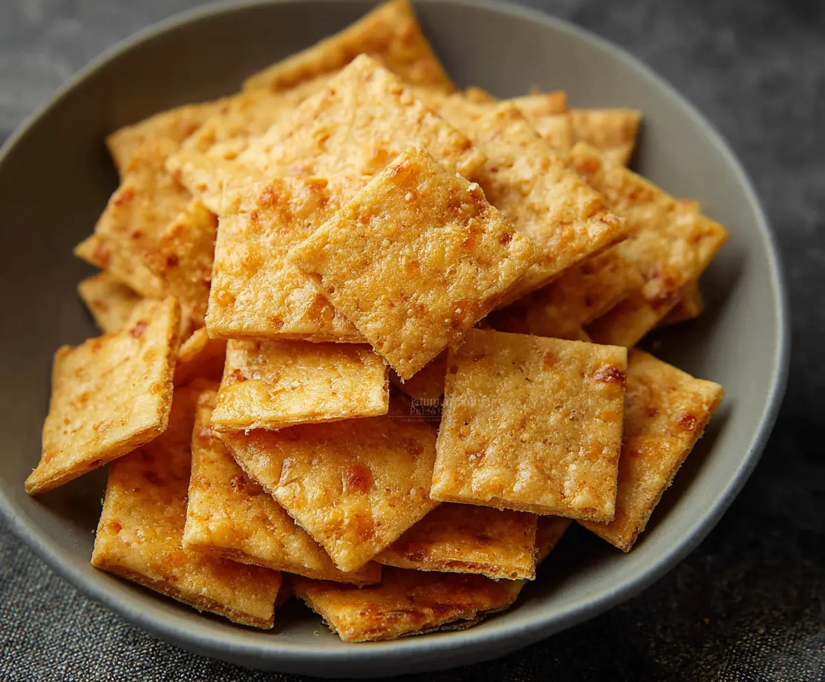 Homemade sourdough cheese crackers on a rustic baking tray, crispy and cheesy snack.