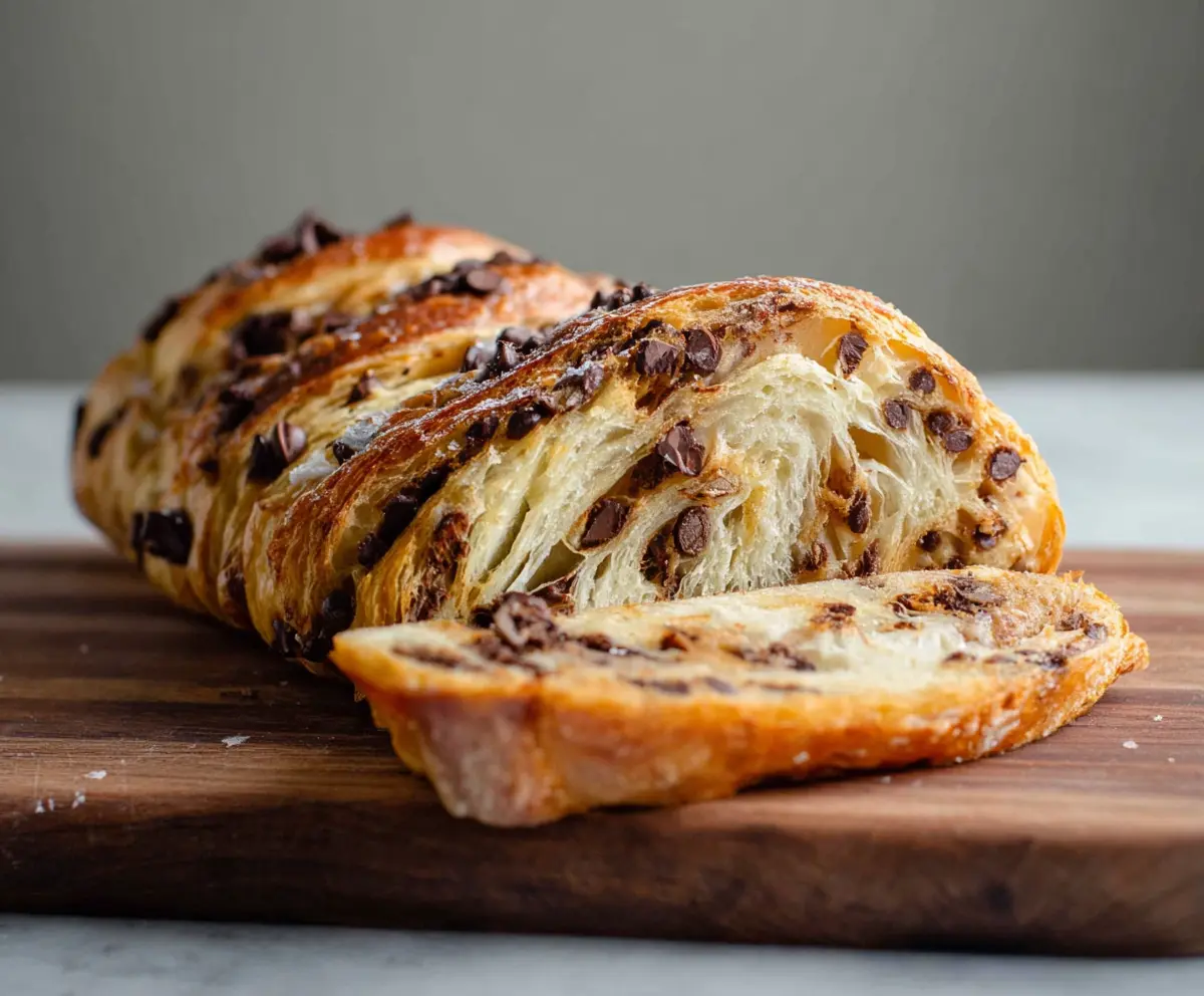 Delicious Sourdough Chocolate Chip Croissant Bread sliced to reveal gooey chocolate chips inside.