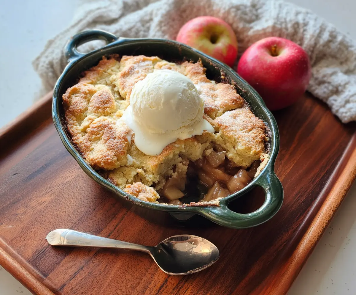 Delicious homemade sourdough discard apple cobbler topped with crispy crumbs, served warm.