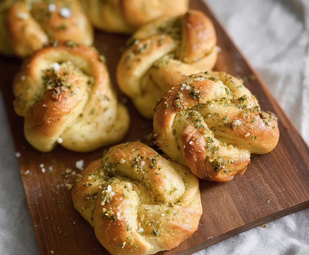 Delicious sourdough discard garlic knots fresh out of the oven, showcasing golden-brown garlic-infused bread twists.