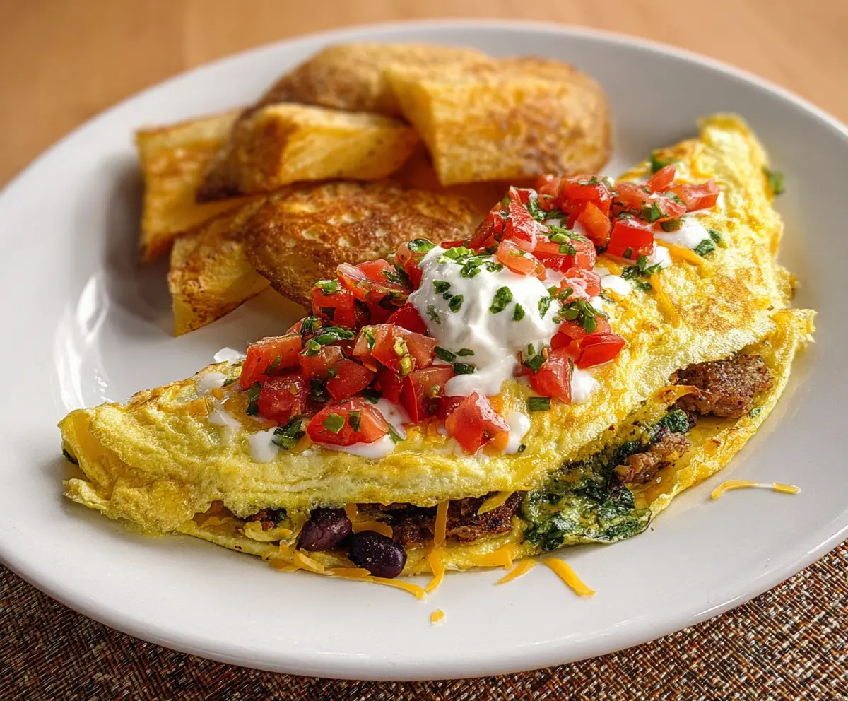 Delicious Southwest Omelet filled with colorful bell peppers, cheese, and spicy jalapenos.