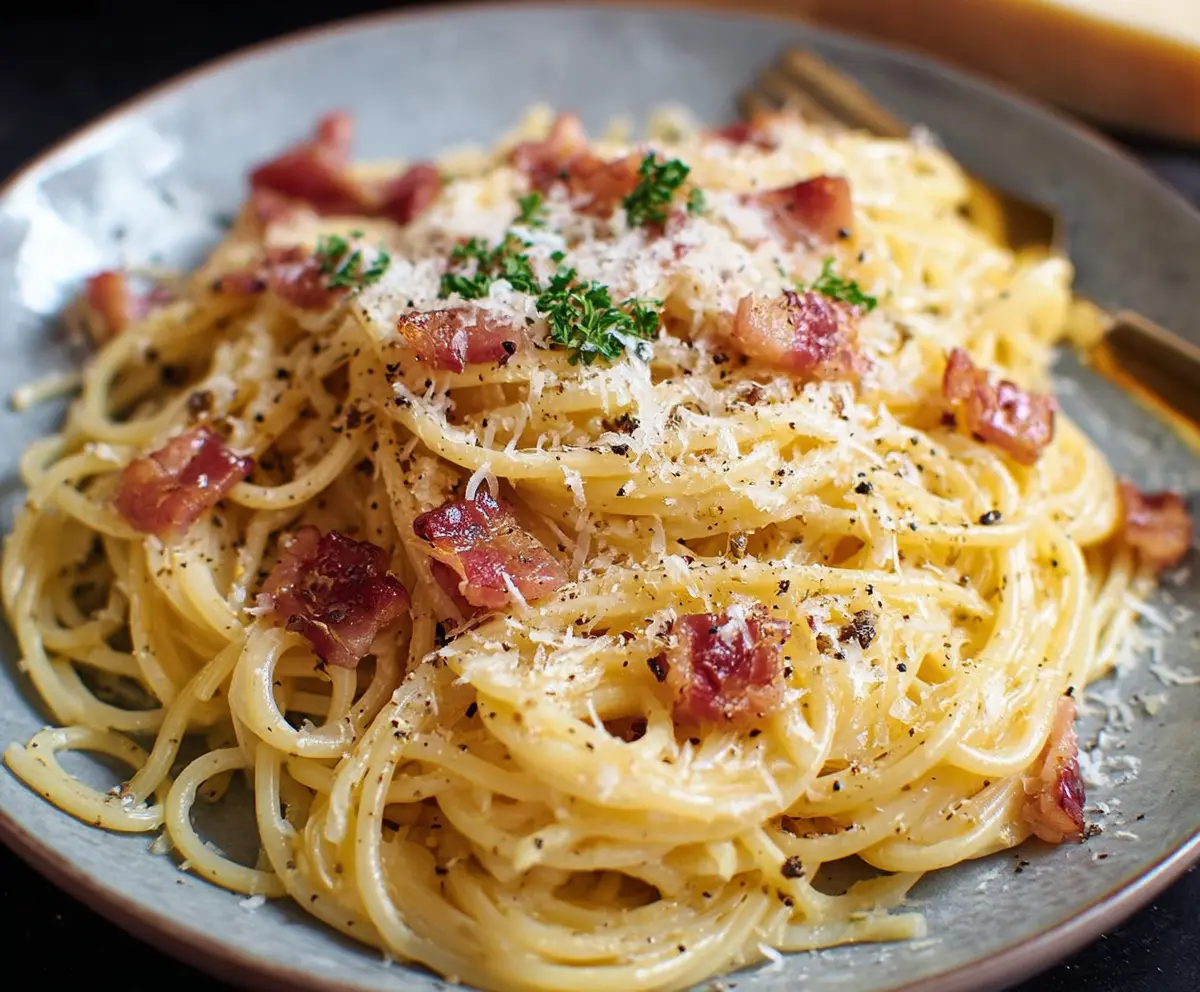 Delicious Spaghetti Alla Carbonara with creamy sauce and crispy pancetta on a white plate.