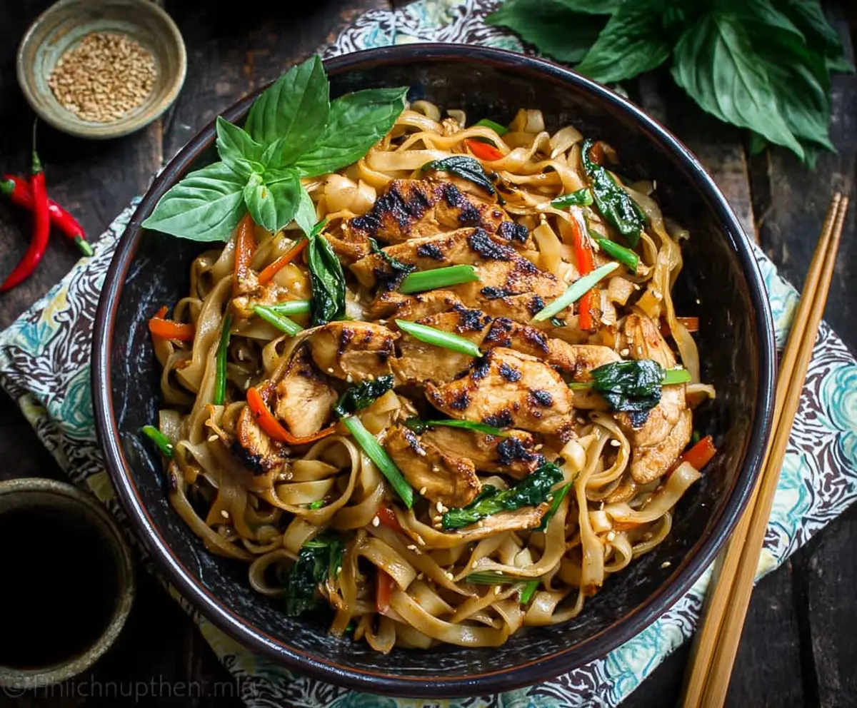 Delicious Thai Basil Chicken Noodles served in a bowl with fresh basil leaves and colorful vegetables
