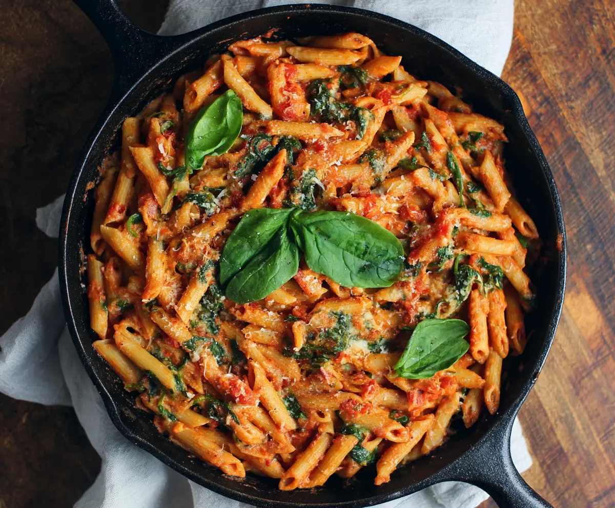 Delicious tomato spinach pasta garnished with fresh herbs on a white plate.