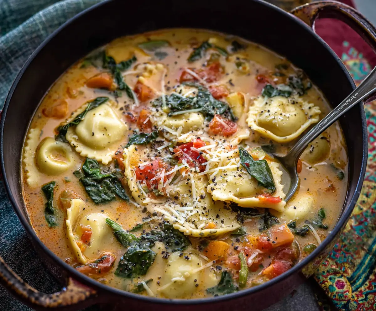 Hearty Tuscan Ravioli Soup with fresh vegetables and herbs in a bowls