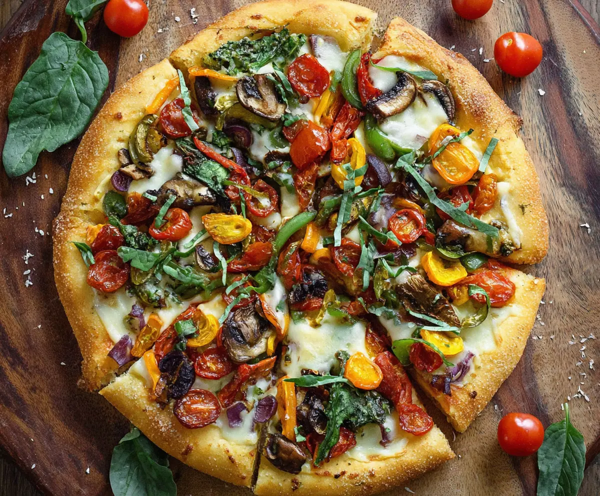 Delicious homemade veggie pizza topped with colorful vegetables and melted cheese.