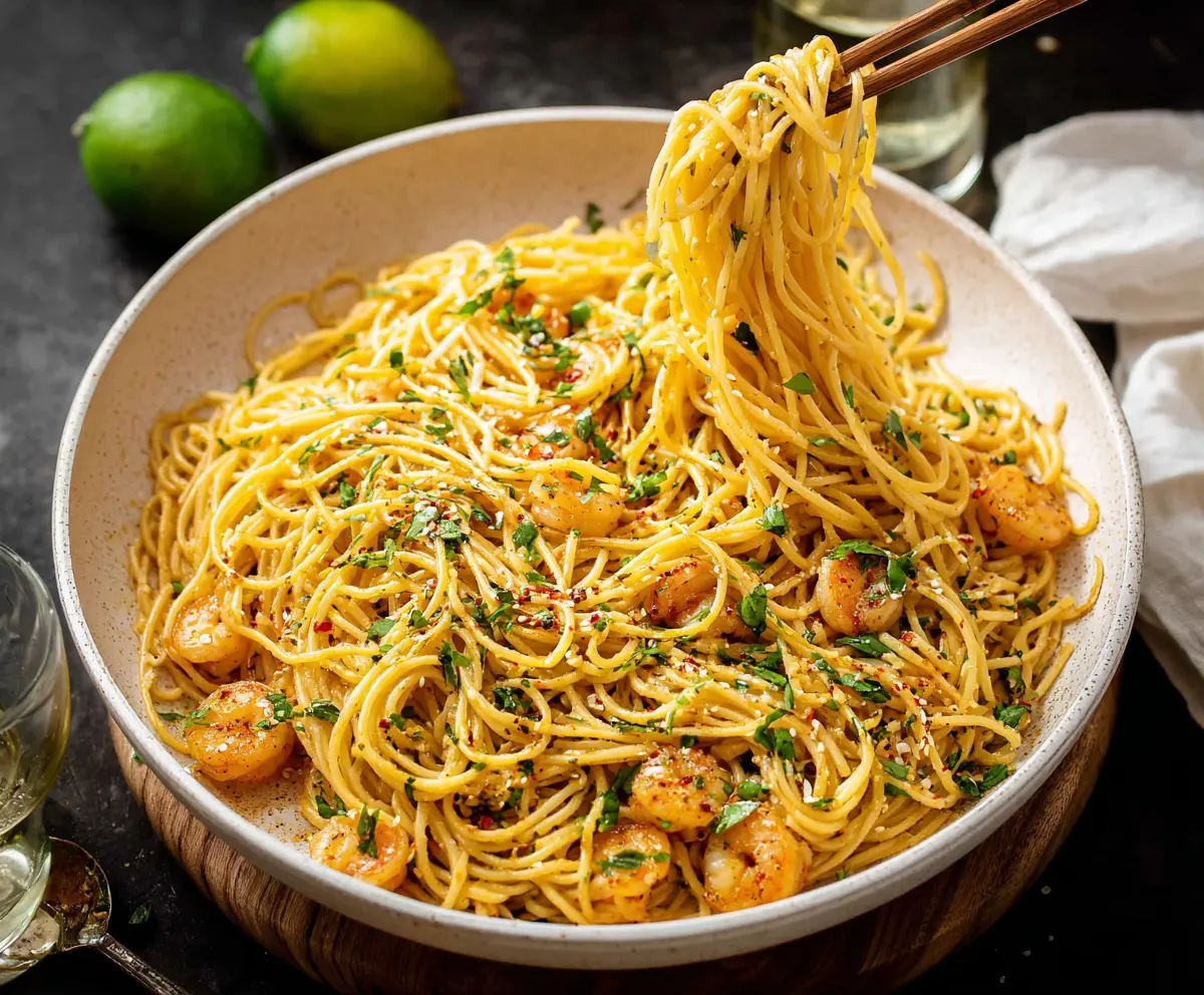 Plate of Vietnamese Garlic Noodles garnished with fresh herbs and minced garlic for a flavorful Asian-inspired dish.