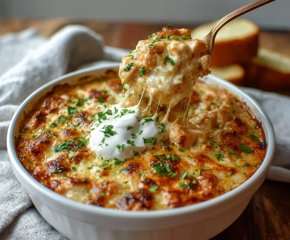 Creamy white chicken chili cottage cheese winter bake served in a casserole dish with fresh herbs
