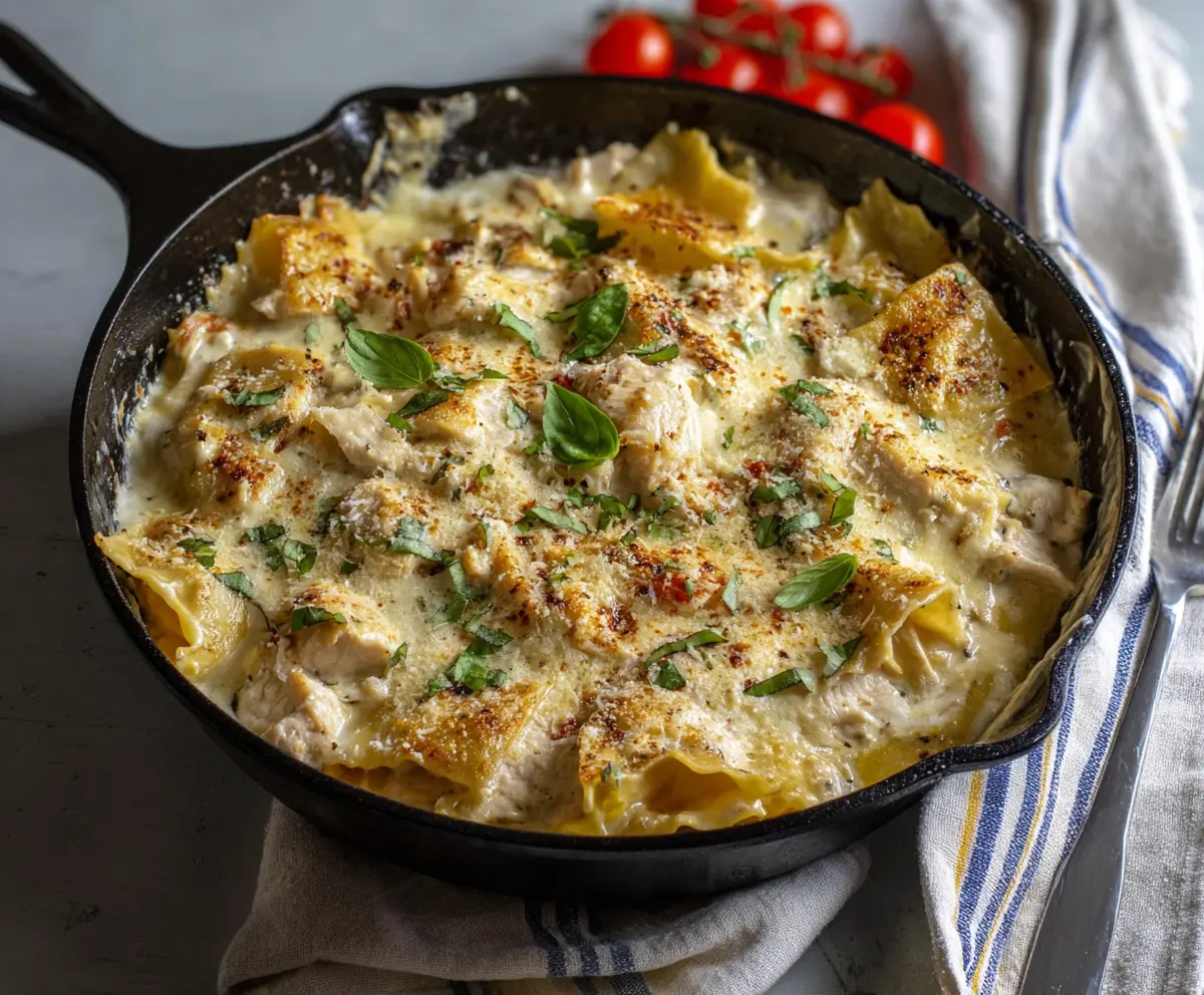 Delicious white chicken skillet lasagna with creamy cheese and tender chicken layers