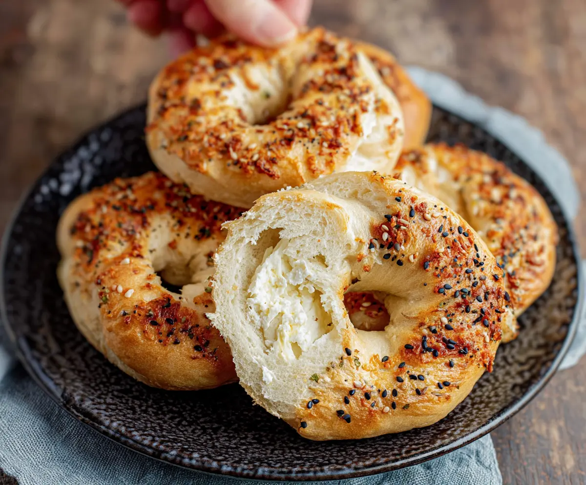 Delicious 3-ingredient cottage cheese bagels on a white plate, perfect for a quick healthy breakfast.