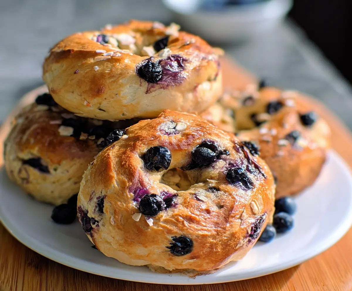 Close-up of freshly baked blueberry bagels with a golden crust and vibrant blueberries inside.