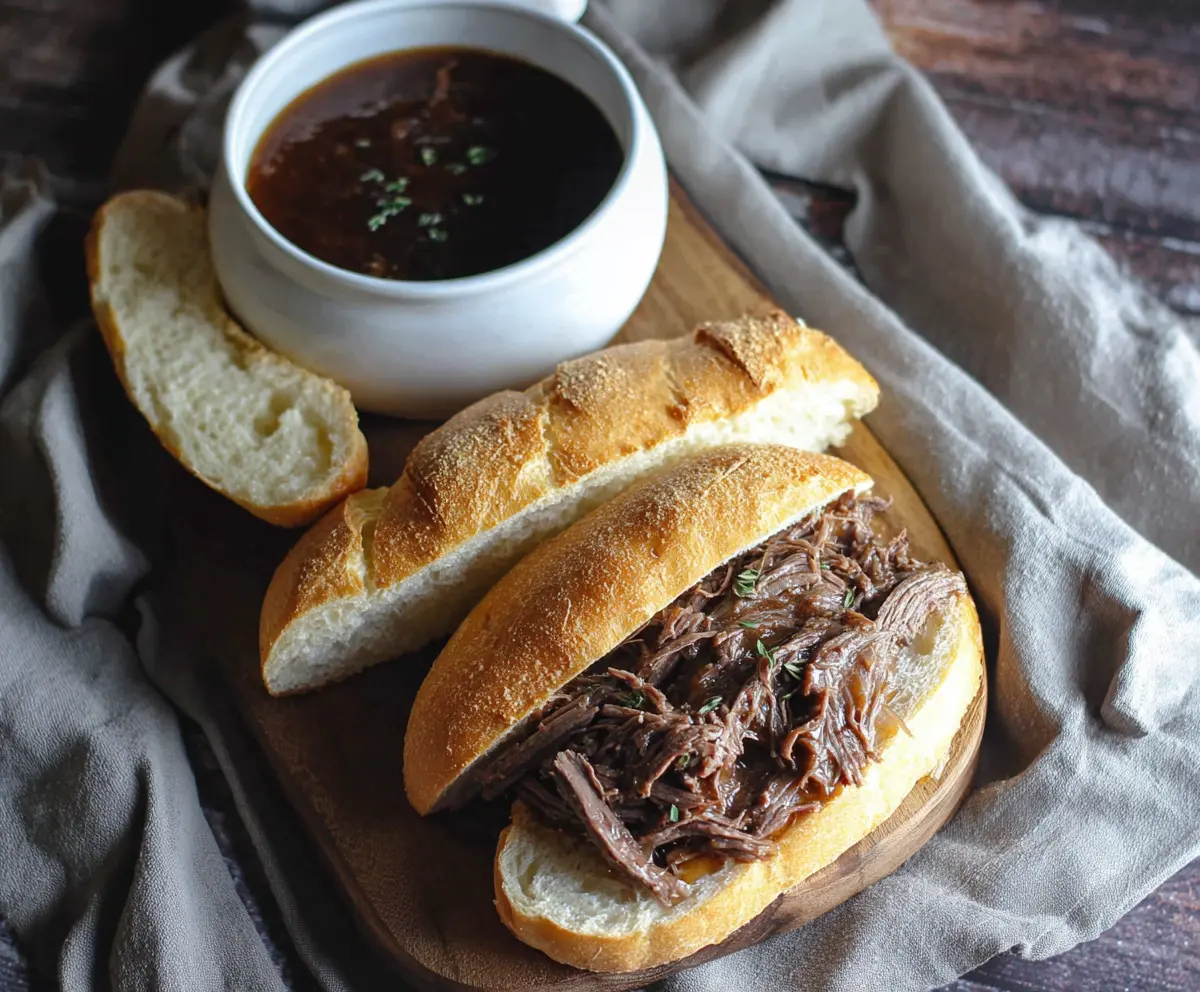 Delicious 5 Ingredient Beef Dip served with fresh bread and garnished with herbs