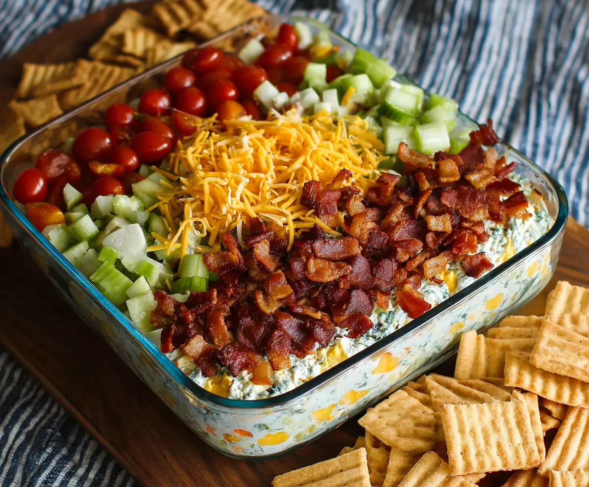 Delicious 7 Layer Cobb Salad Dip with fresh vegetables, cheese, and bacon served as a colorful appetizer.