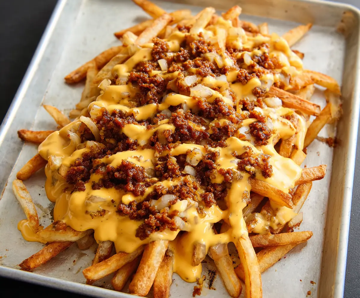 Delicious Animal Style Fries topped with cheese, grilled onions, and special sauce, served hot and crispy.