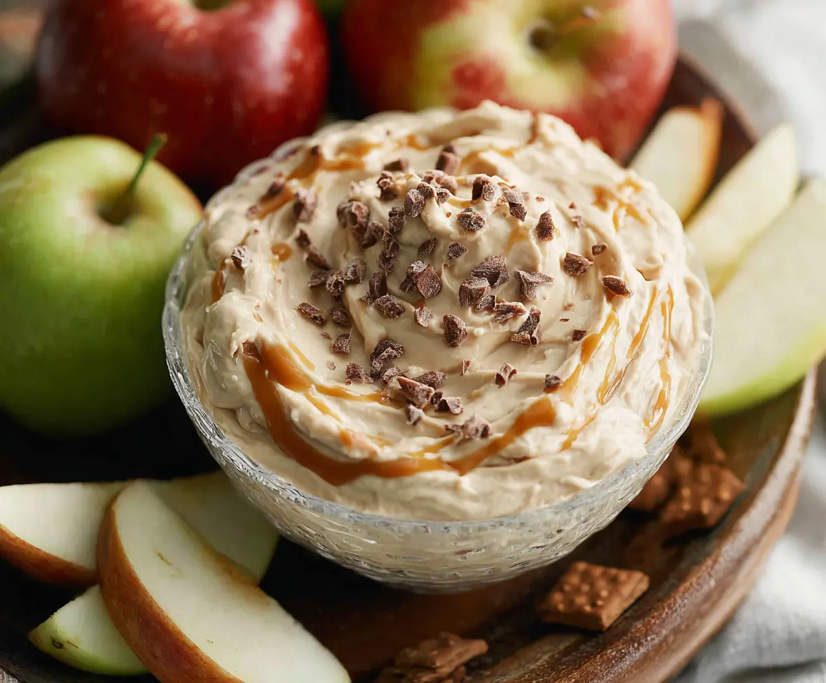 Creamy apple toffee dip served with fresh fruit for a sweet snack.