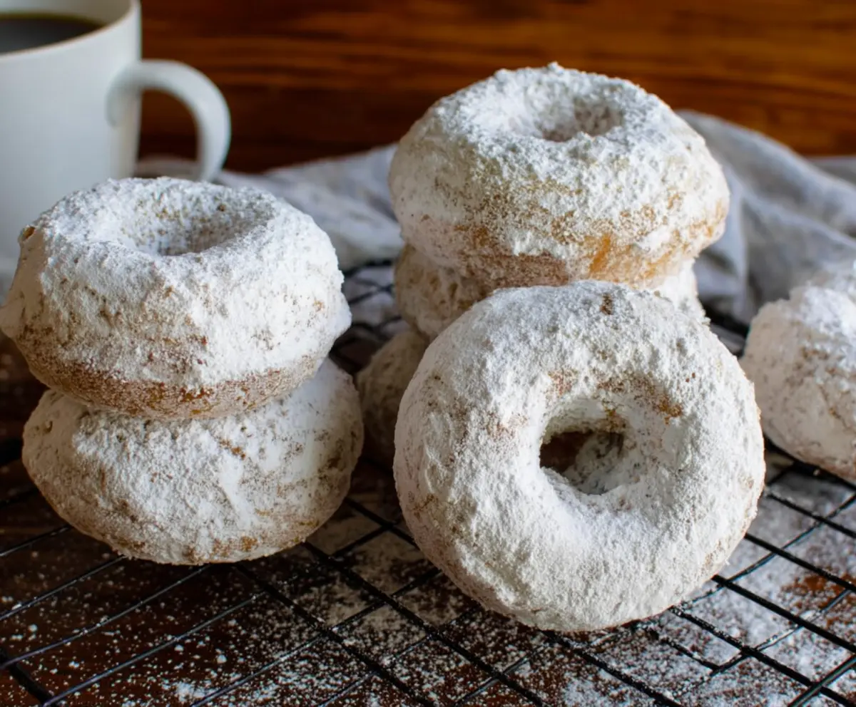Delicious baked sourdough discard powdered sugar donuts on a plate, perfect for breakfast or a snack.