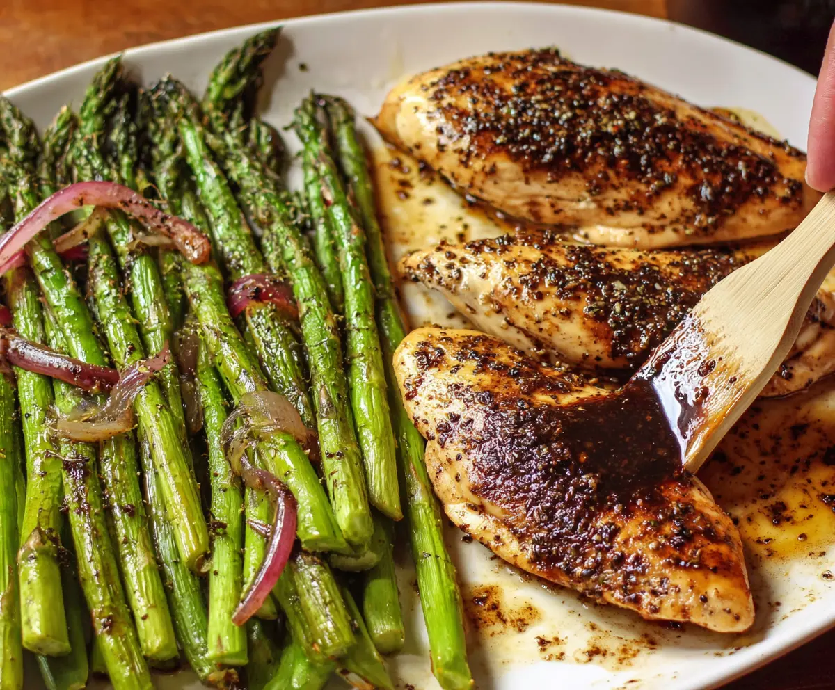 Delicious balsamic glazed chicken with fresh asparagus on a plate, perfect for a healthy dinner.