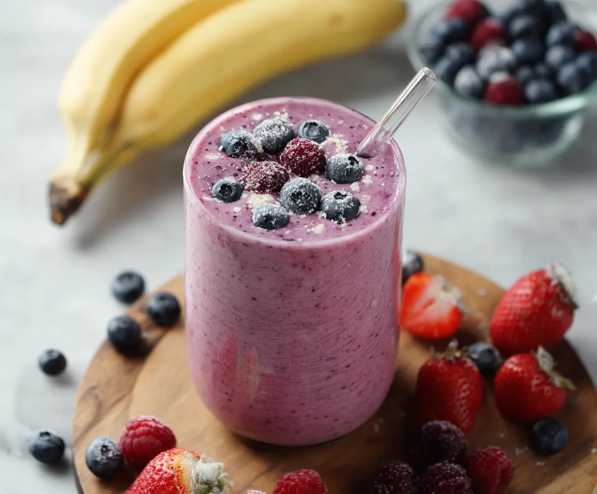 RefreshingBerry Banana Smoothie in a clear glass with fresh berries and banana slices