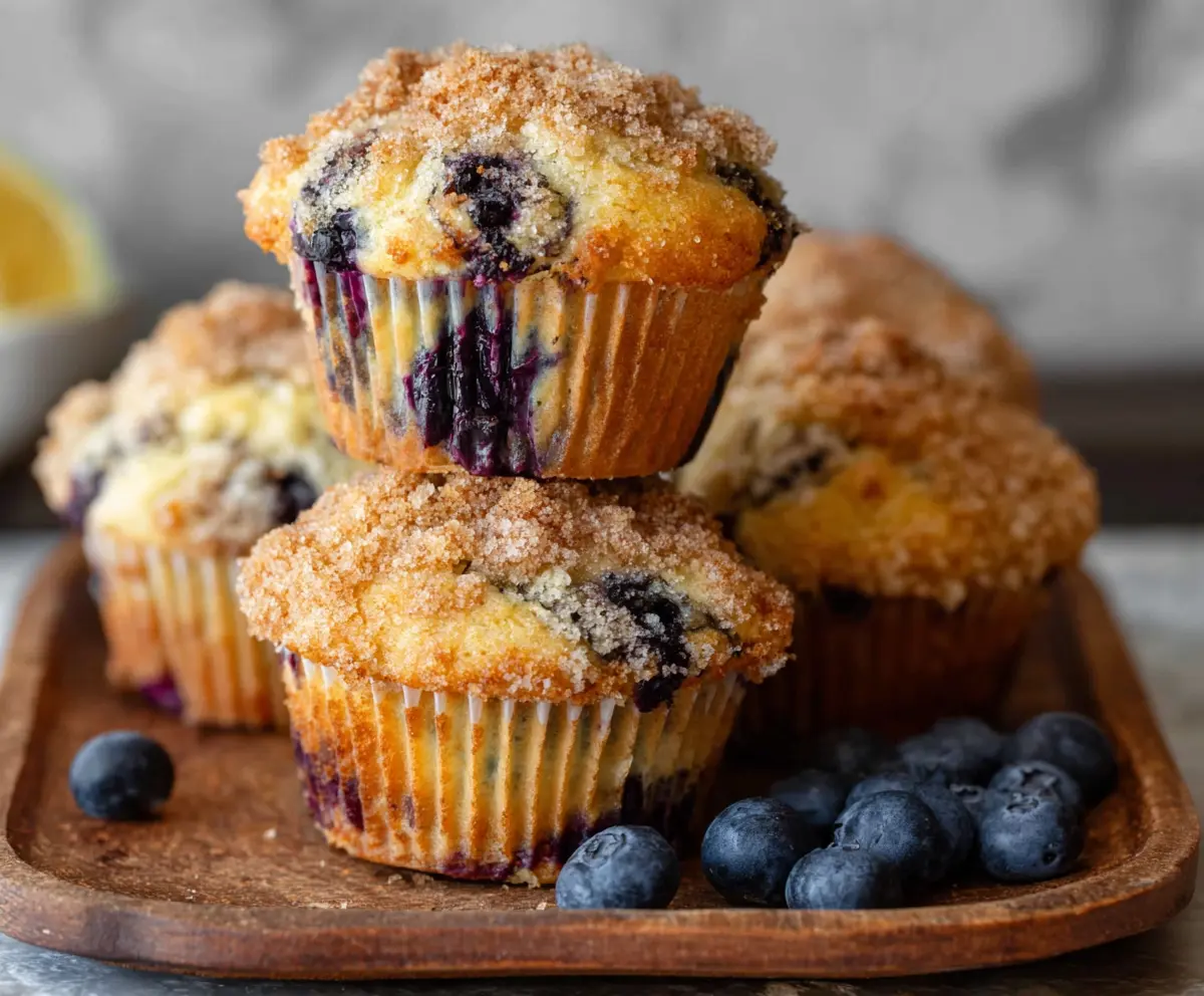 Delicious homemade blueberry muffins fresh out of the oven with blueberries on top.