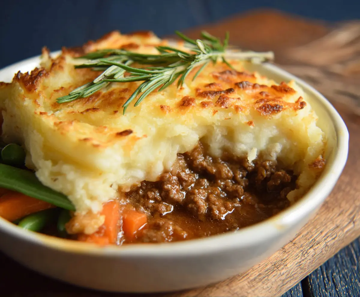 Delicious British Shepherd's Pie with seasoned ground meat topped with mashed potatoes