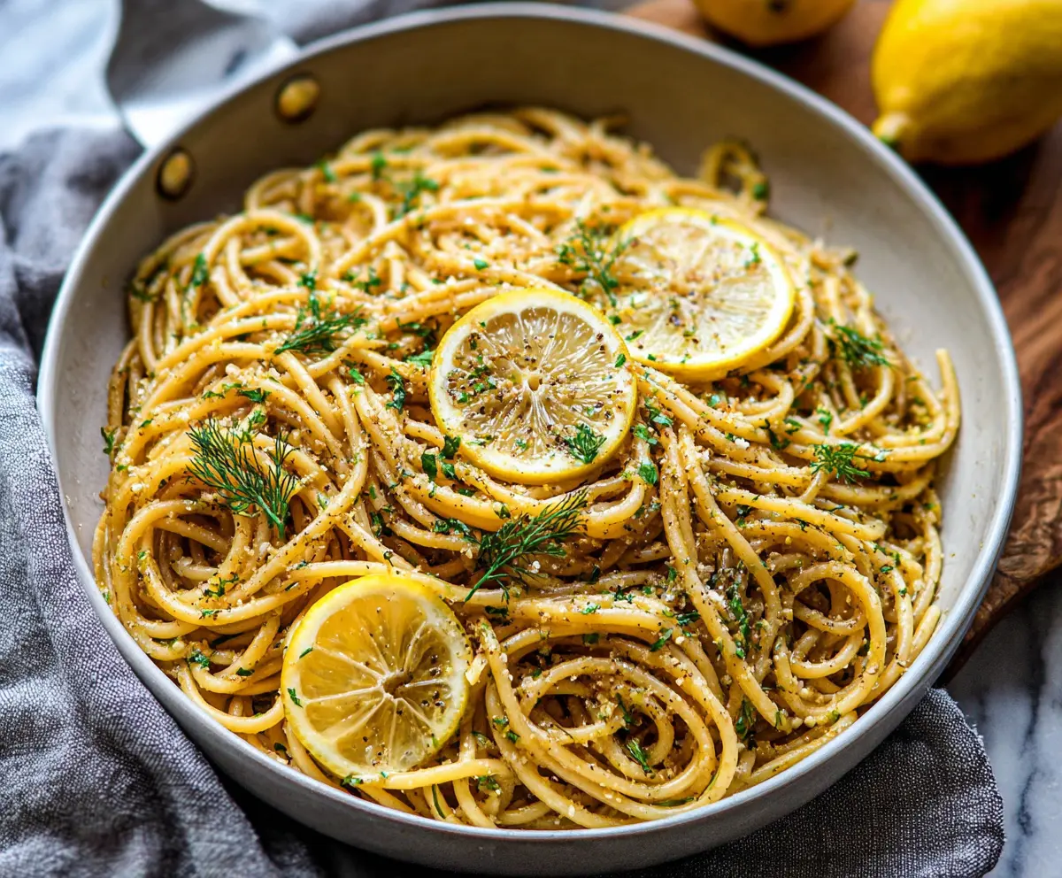 Creamy browned butter lemon dill pasta garnished with fresh herbs on a white plate.