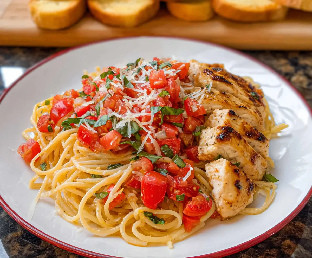 Delicious Bruschetta Chicken Pasta topped with fresh basil and melted cheese