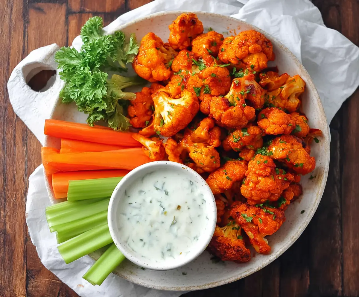 Spicy buffalo cauliflower bites served with dipping sauce, perfect for a party appetizer.