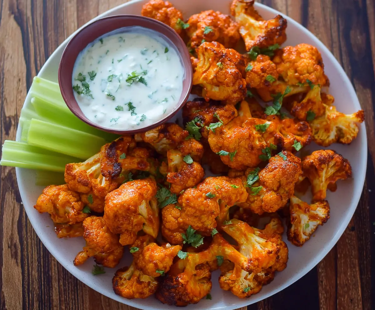 Crispy Buffalo Cauliflower Wings on a plate with dipping sauce, perfect for vegan snacks.