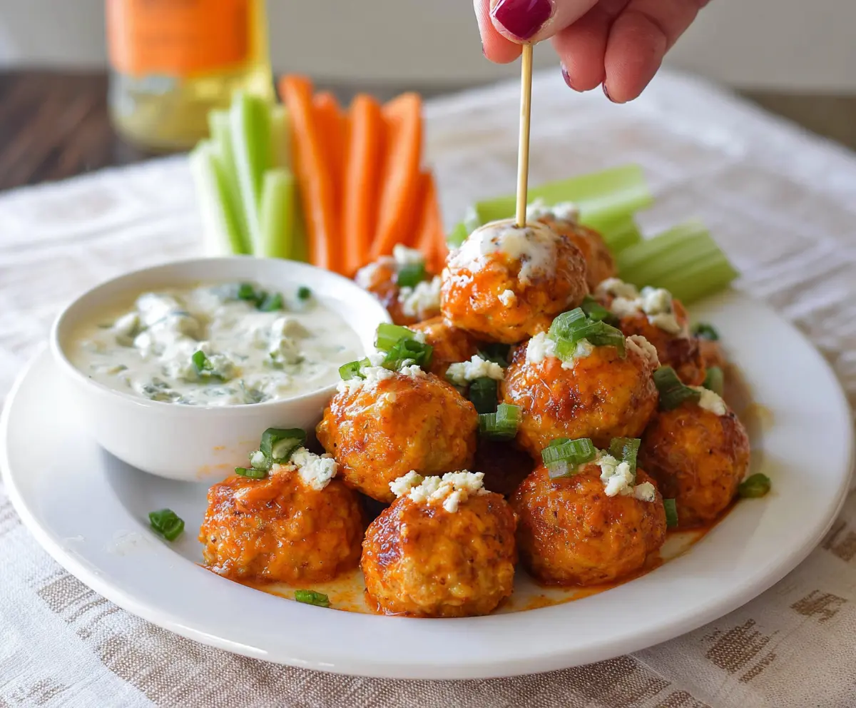 Savory Buffalo Chicken Meatballs served with a creamy Bleu Cheese Dip on a white platter.