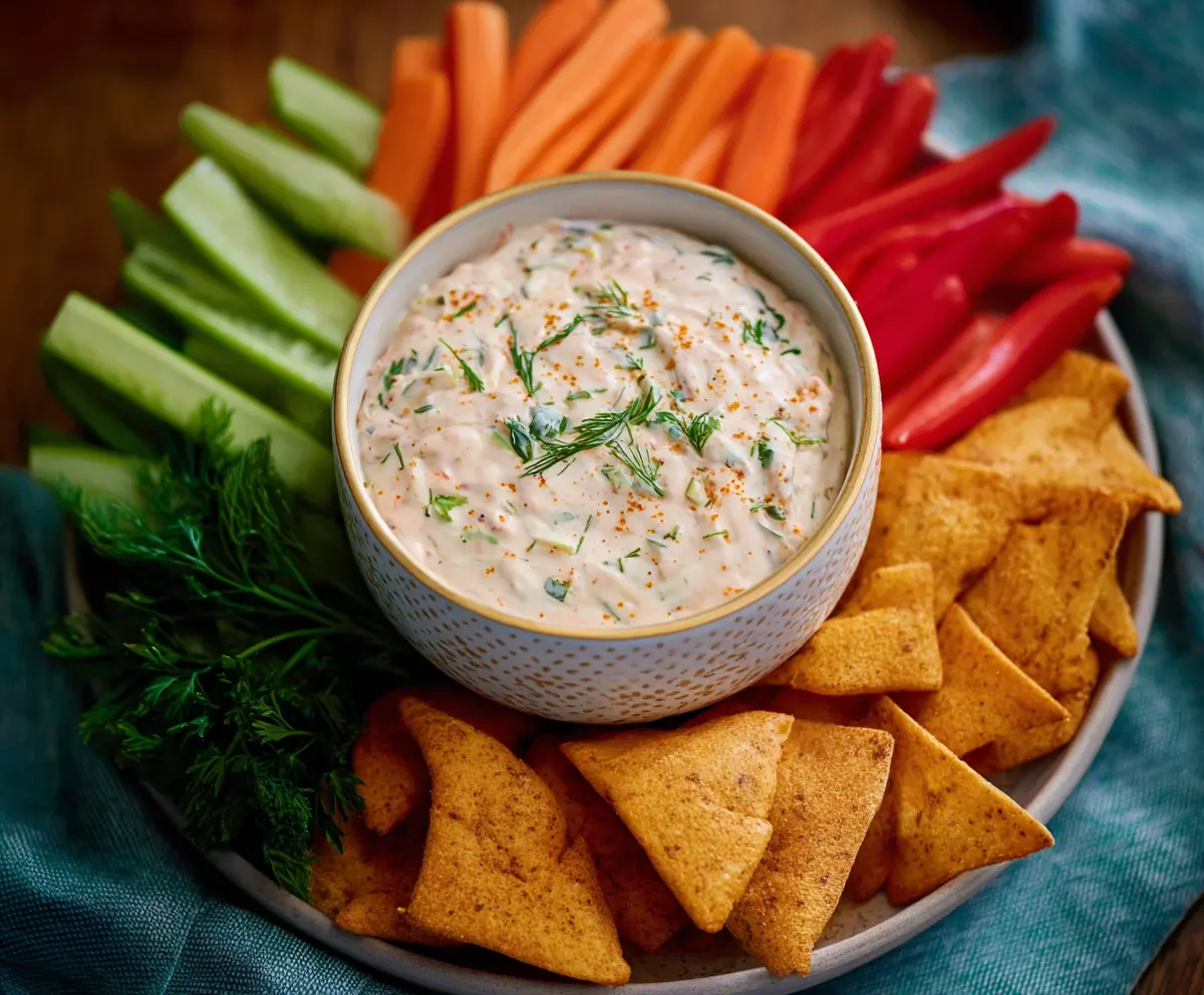 Creamy Buffalo Ranch Dip served in a bowl with fresh vegetables for dipping.