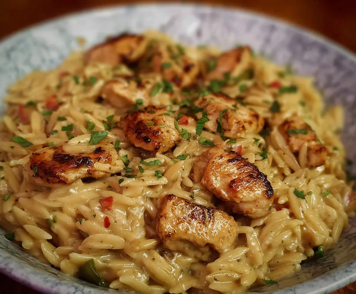 Creamy Cajun Chicken Alfredo Orzo served with spicy seasoned chicken and rich Alfredo sauce.