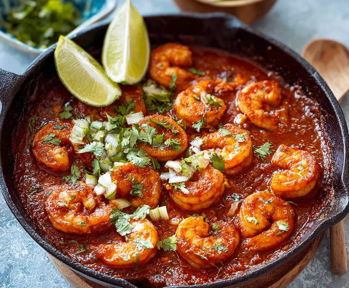 Delicious Camarones A La Diabla Mexican Deviled Shrimp served on a plate, garnished with cilantro and lime slices.