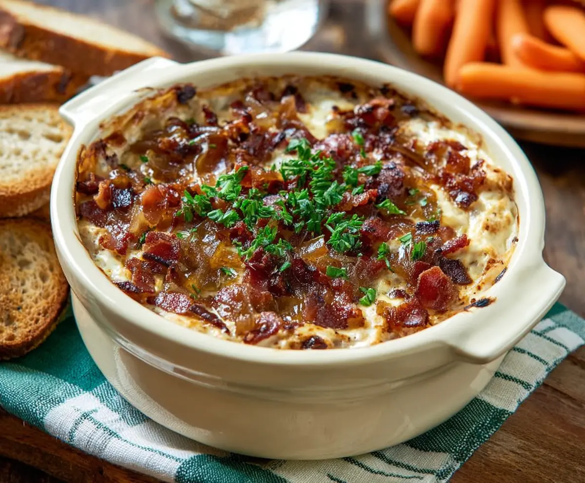 Creamy caramelized onion and crispy bacon dip served with chips.