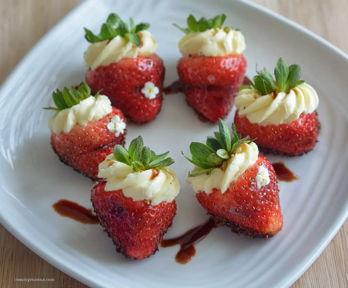Delicious Cheesecake Deviled Strawberries garnished with fresh herbs for a sweet appetizer.