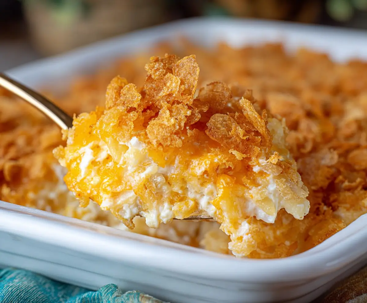 Baked Cheesy Funeral Potatoes with a golden crust, topped with melted cheese and herbs.