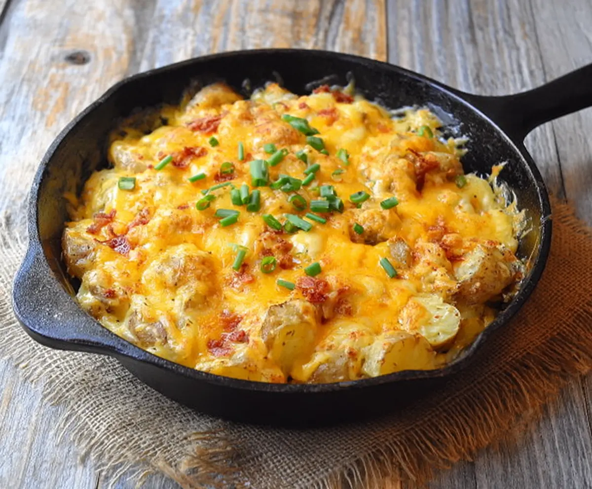 Delicious cheesy potato skillet topped with melted cheese and herbs, perfect for a comforting meal.