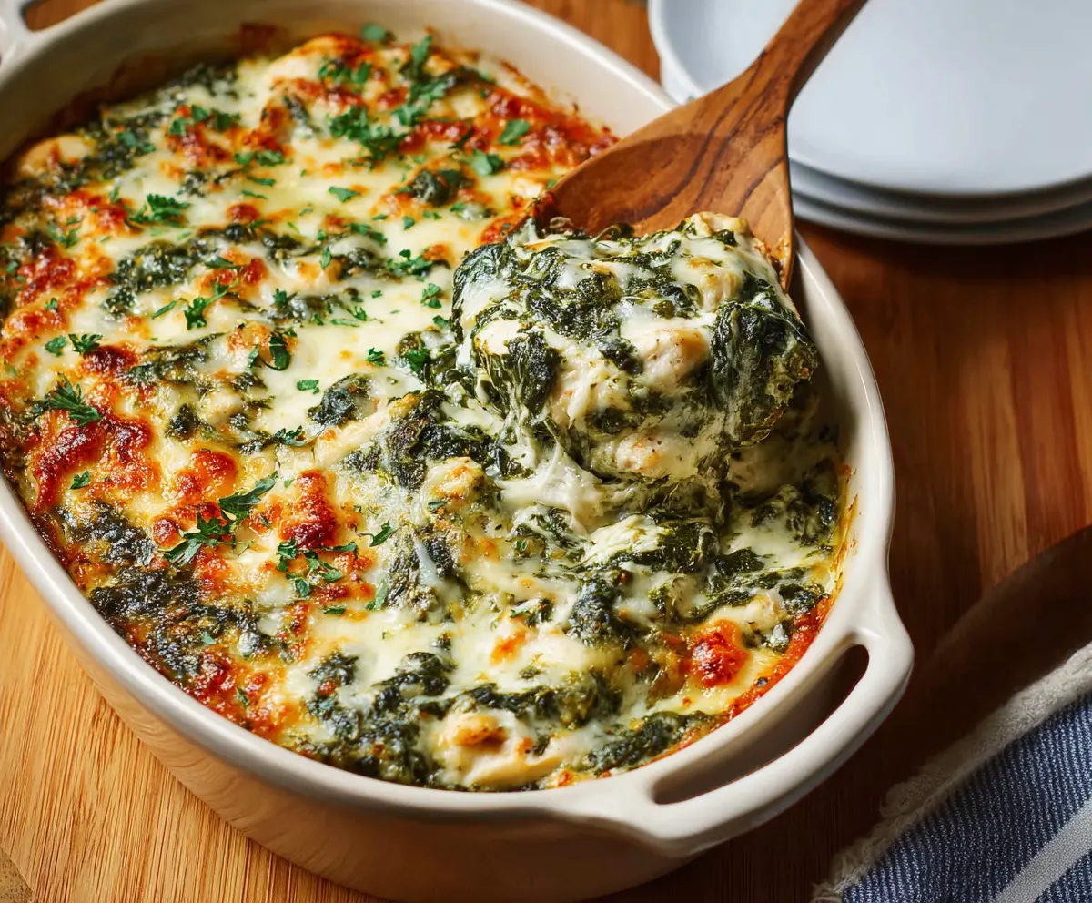 Delicious chicken and spinach casserole in a baking dish, perfect for a hearty dinner.