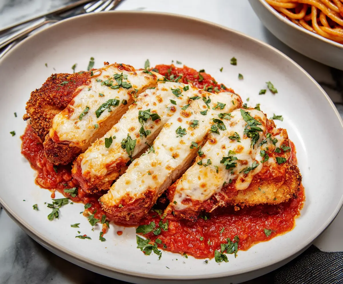Delicious Chicken Parmesan with golden crispy crust and melted cheese on top