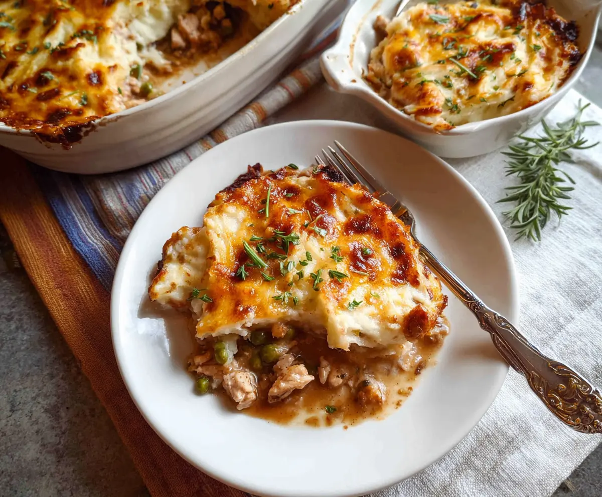 Delicious Chicken Shepherd's Pie with golden mashed potato topping and savory filling