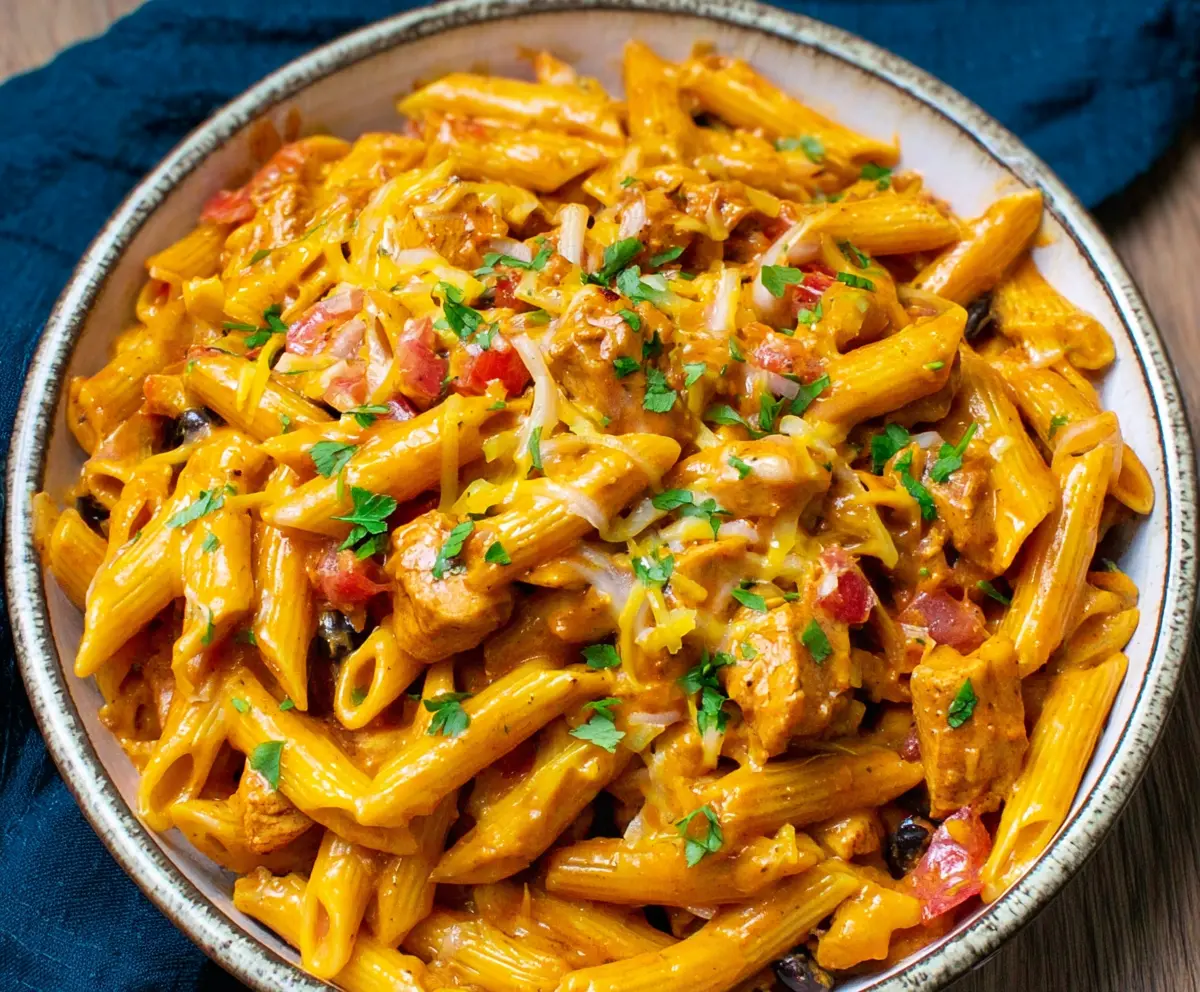 Delicious Chicken Tex Mex Pasta with spicy peppers and melted cheese served on a plate.