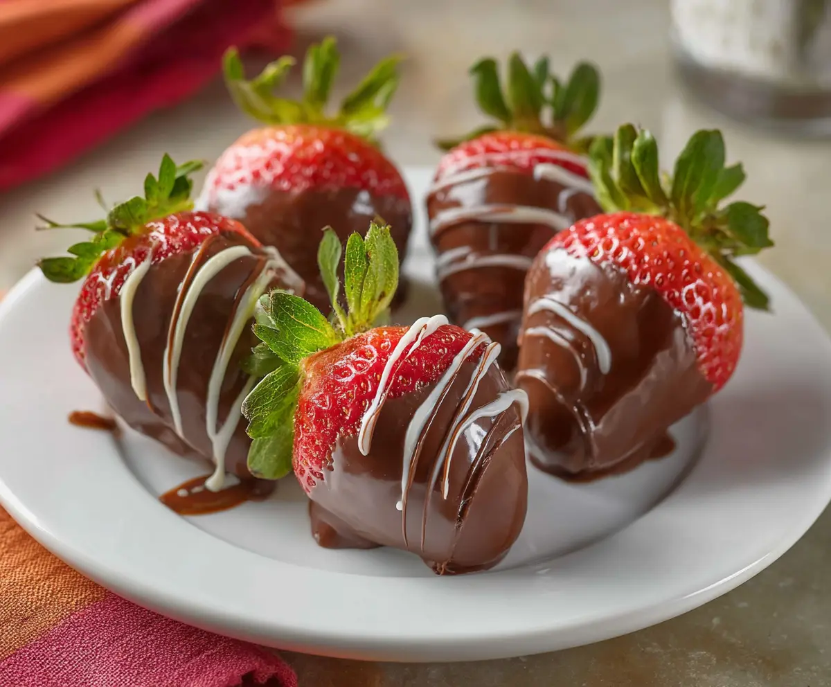 Delicious chocolate-covered strawberries on a white plate, perfect for Valentine's Day dessert.