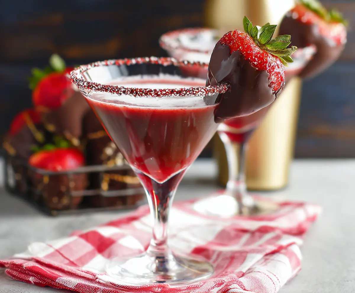 Delicious Chocolate Covered Strawberry Martini with fresh strawberries and chocolate drizzle