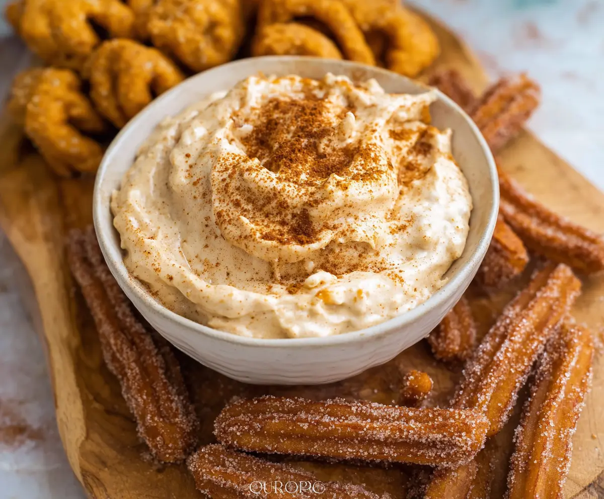 Delicious Churro Dip served with cinnamon sugar churros for dipping