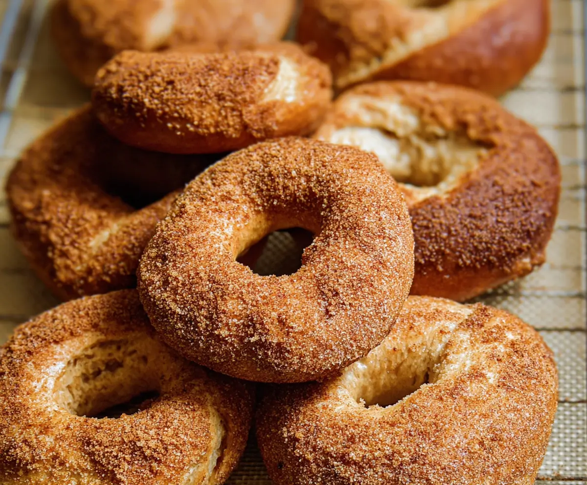 Golden-brown cinnamon bagels topped with sugar and cinnamon, fresh out of the oven.