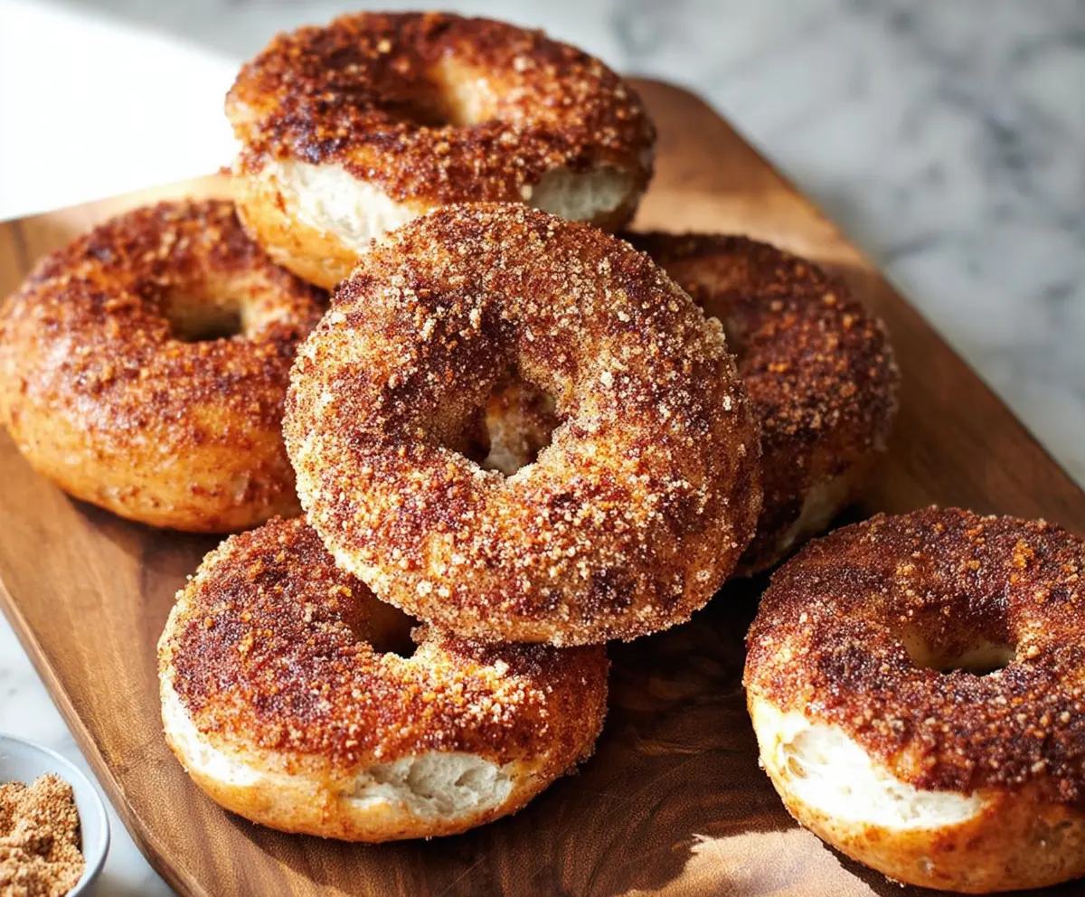 Delicious cinnamon sugar crunch bagels with a golden crust and sweet, spiced topping.