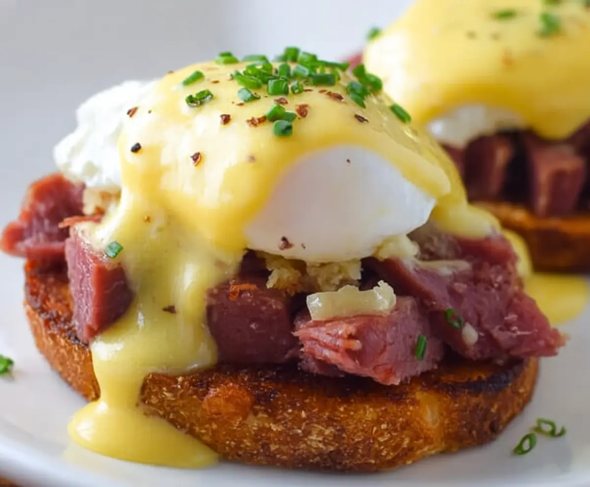 Delicious Corned Beef Hash Eggs Benedict with creamy hollandaise sauce and crispy hash browns on a white plate.