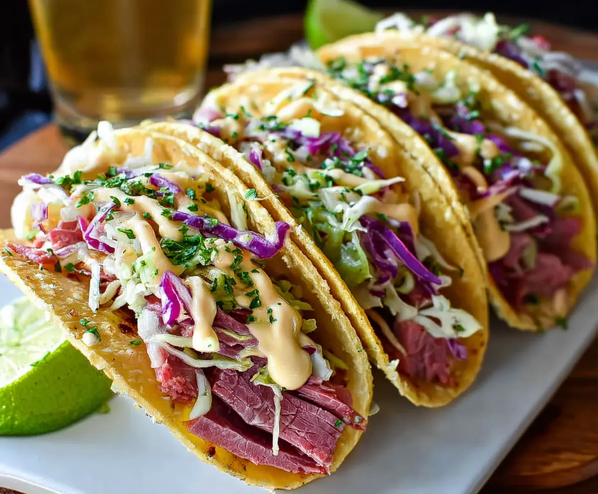 Delicious Corned Beef Tacos with fresh toppings and crispy shells on a colorful plate.
