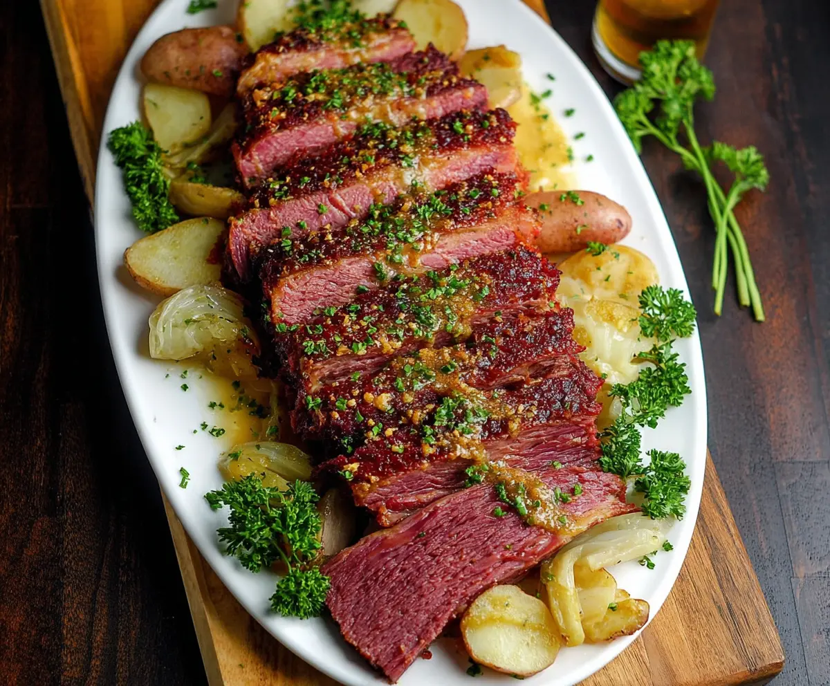 Delicious corned beef with a glossy mustard glaze served on a white platter.